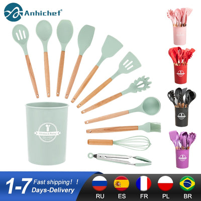 Silicone Kitchen Utensils Set Non-Stick Cookware for Kitchen Wooden Handle Spatula Egg Beaters Kitchenware Kitchen Accessories